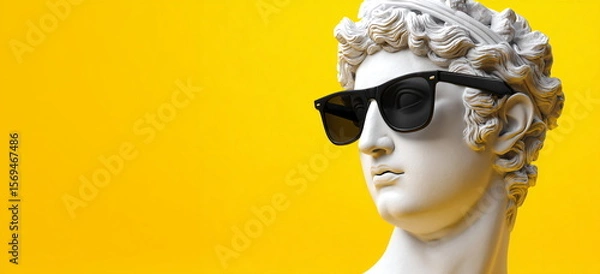 Fototapeta Sculpture of a male Apollo bust with black sunglasses on a bright yellow background. Modern art concept with roman bust.