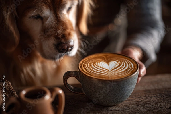 Fototapeta Golden retriever curiously looks at a cup of latte art on a wooden table top