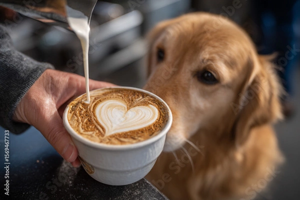 Fototapeta Milk being poured into coffee with heart design and golden retriever watching close