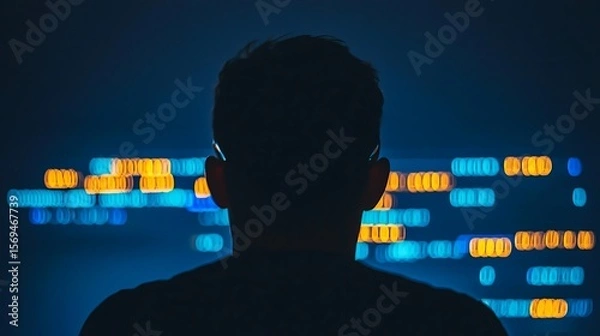 Fototapeta Silhouette Man Watching Bokeh Data Lights