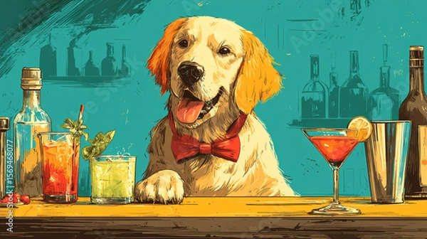 Fototapeta Illustration of a golden retriever wearing a bow tie behind a bar with drinks