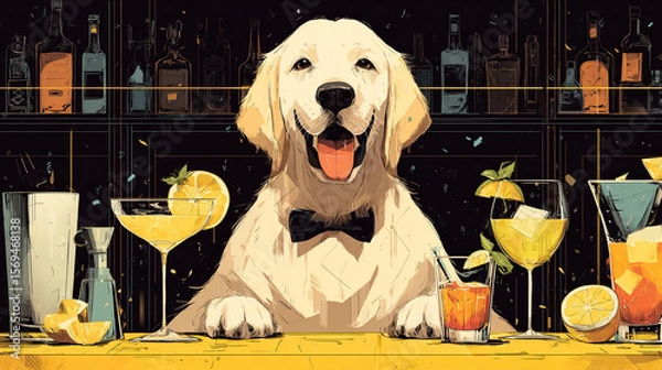Fototapeta A golden retriever wearing a bow tie behind a bar with cocktails and liquor bottles