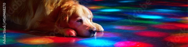 Fototapeta Golden retriever resting head on colorful floor with light reflections around it