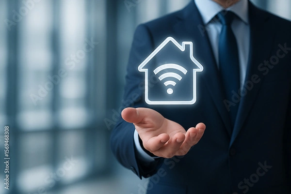 Obraz A businessman in a suit holding a glowing smart home icon. Smart home tech for bussiness