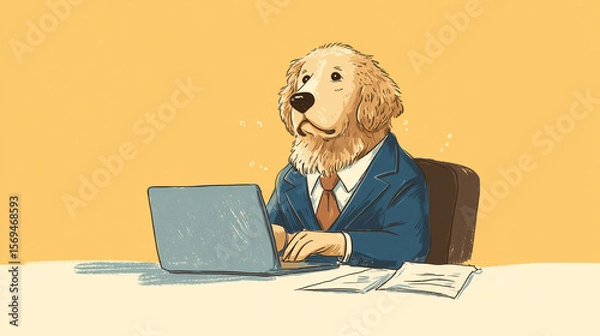 Fototapeta Illustration of a golden retriever wearing a suit and tie working on a laptop