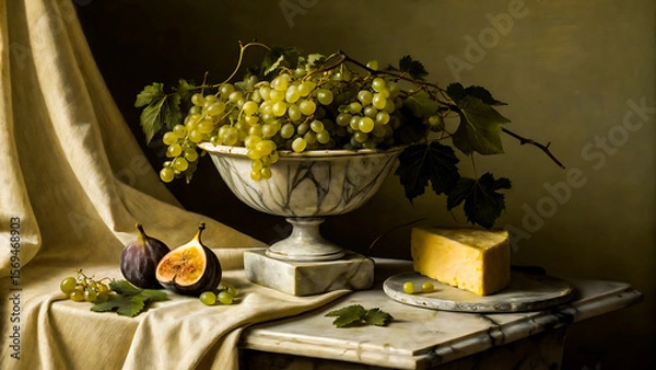 Fototapeta Classic Still Life with Grapes, Figs, and Cheese on Marble Table – Vintage Food Art Style
