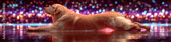 Fototapeta A golden retriever lying down on a reflective surface with bokeh lights behind it