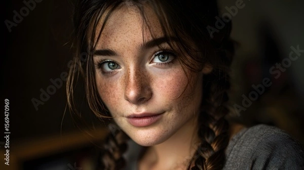 Obraz Close-up portrait of a person with braided hair and freckles, wearing a gray top