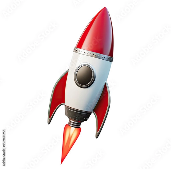 Fototapeta Red and white rocket, angled, with flames