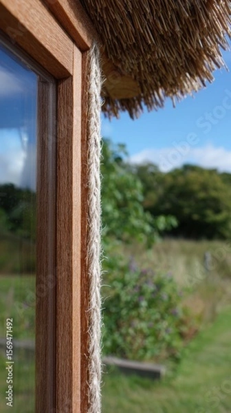 Fototapeta Detailed view of window frame with thatch roof and rope binding in natural setting.