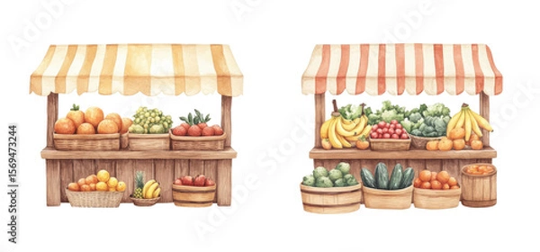 Fototapeta Two rustic fruit and vegetable market stalls