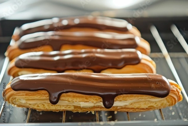 Fototapeta Delicious cream-filled pastries with chocolate glaze and whipped cream on rustic table