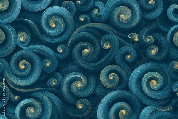 Obraz Seamless abstract pattern of swirling koru-style spirals in fine blue and gold line art, evoking Māori influence, flow, and natural energy in a decorative design