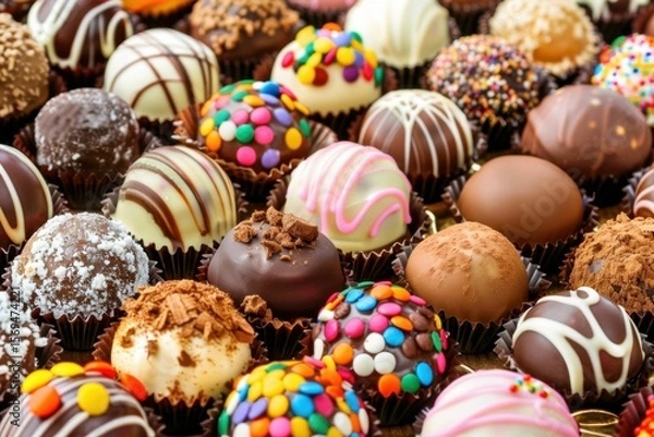 Fototapeta Assorted chocolate truffles with colorful decorations displayed at a dessert shop