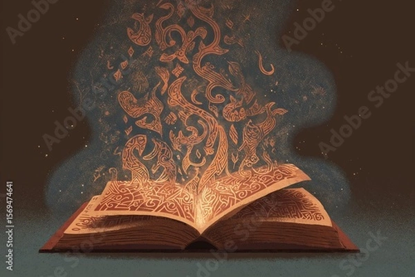 Obraz Open magical book glowing with mystical energy and tribal Māori-inspired patterns forming animals and symbols in the air, fantasy and cultural fusion illustration