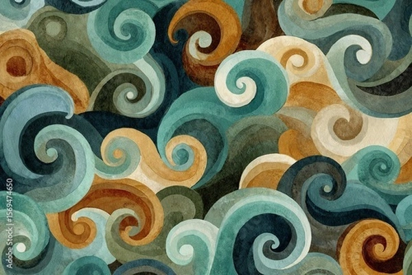 Obraz Seamless abstract pattern of koru-inspired spirals in layered watercolor textures with earthy browns, teals, and blues, reflecting Māori design and natural flow