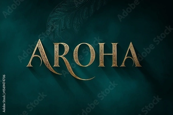 Obraz Aroha word in elegant gold typography with intricate Māori-inspired patterns and shadowed lettering on a deep green background representing love and cultural identity