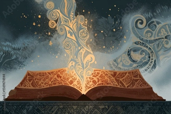 Obraz Open magical book glowing with swirling Māori-inspired tribal designs and mystical light under a starry sky, blending fantasy with New Zealand indigenous art