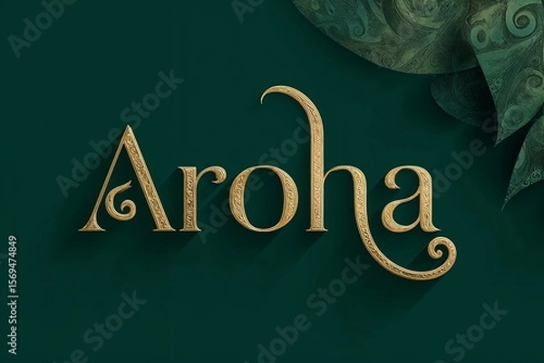 Obraz Gold typography of the word Aroha with detailed Māori-inspired swirl patterns on a dark green background, symbolizing love and New Zealand cultural heritage