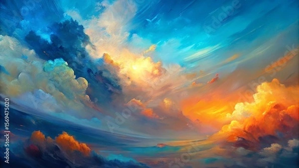 Fototapeta Abstract oil painting, sky blue, orange color brush strokes background, wallpaper, paint texture, bold art, expressive artwork, fine realistic detail, modern style, evoking vibrant emotions, feelings
