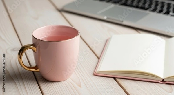 Obraz Pink mug and open notebook beside a laptop on a wooden desk
