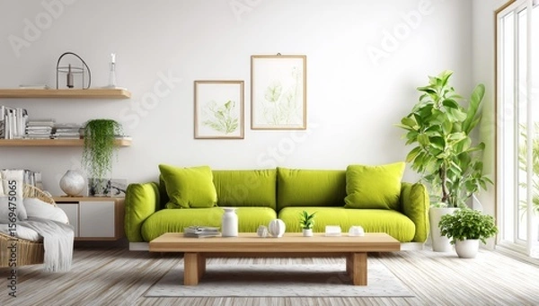 Fototapeta living room with a lime green sofa and a wooden coffee table creates an inviting atmosphere. white walls adorned with indoor plants create an inviting atmosphere.