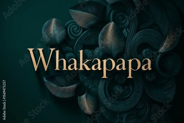 Obraz Whakapapa word in gold typography layered over swirling Māori-inspired patterns and stylized leaves, representing ancestry, lineage, and cultural heritage