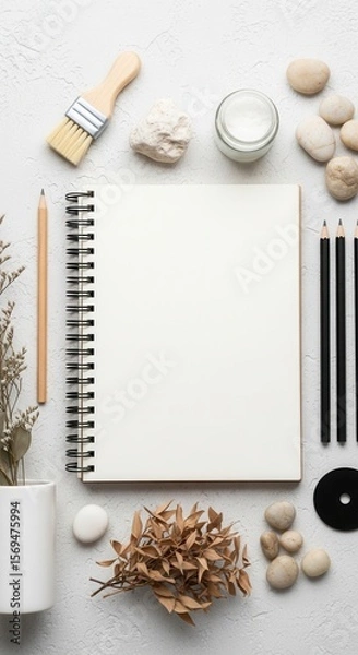 Obraz Artistic flat lay with sketchbook pencils brush and natural elements