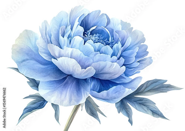 Fototapeta Detailed close-up of a single, vibrant, light blue peony flower,  with delicate leaves.  Soft, almost pastel shading