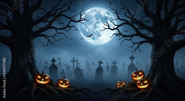 Obraz Spooky halloween night cemetery scene with jack o lanterns and full moon