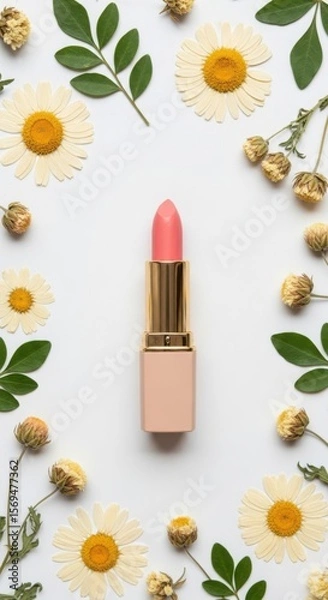 Obraz Elegant pink lipstick adorned with delicate daisies and greenery