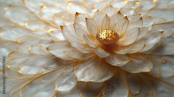 Fototapeta Close up of bright colorful flowers.A golden lotus flower sits on a reflective surface.
