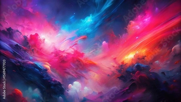 Fototapeta Abstract oil painting, neon red, pink, blue brush strokes background, wallpaper, paint texture, bold art, expressive artwork, fine realistic detail, modern style, evoking vibrant emotions, feelings
