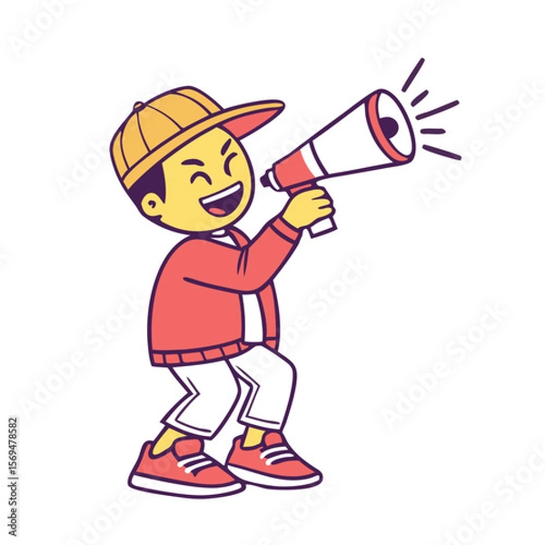 Fototapeta Excited cartoon boy wearing a cap and jacket shouting through a megaphone