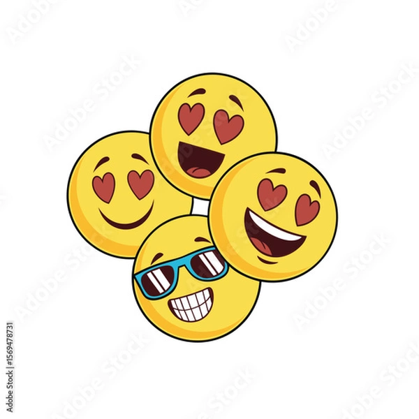 Fototapeta Four happy yellow emojis with heart eyes and one wearing cool sunglasses