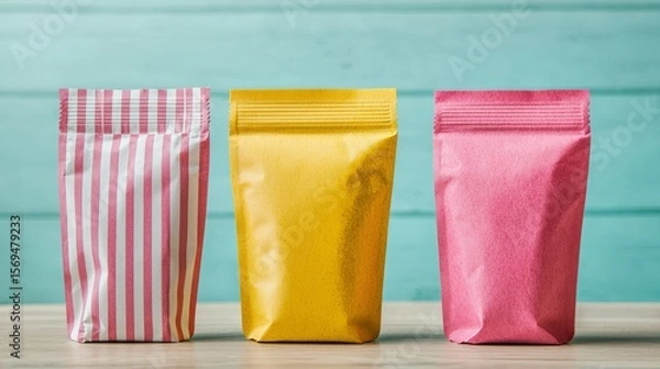 Fototapeta Vibrant Compostable Packaging for Snacks in Striped and Solid Colors on Wooden Table