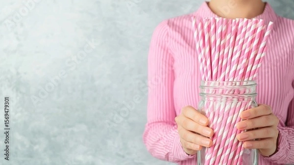 Fototapeta Neatly Arranged Compostable Paper Straws in a Jar Held by Person Wearing Pink Shirt