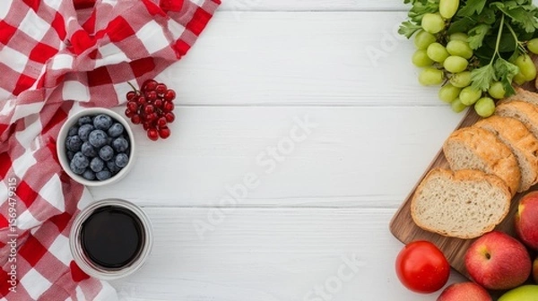 Fototapeta Fresh Fruits and Snacks with Compostable Wrappers on White Wooden Table Surface