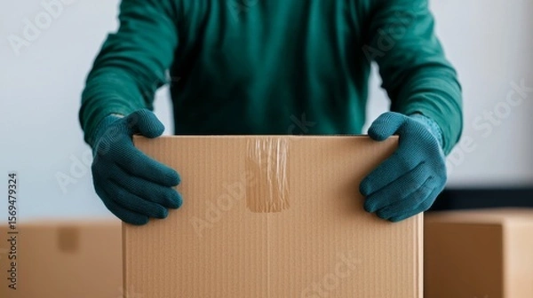 Fototapeta Application of Compostable Shipping Labels on Cardboard Boxes in Eco-Friendly Packaging
