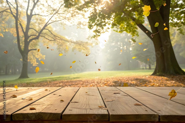 Fototapeta Fall Forest Trail with Wooden Table Front View