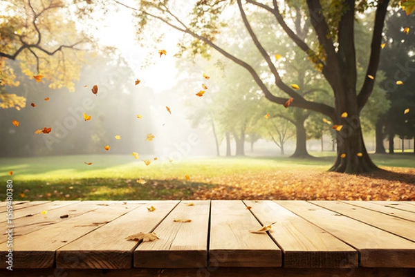 Fototapeta Autumn Leaves Falling Over Wooden Table in Sunlight Forest