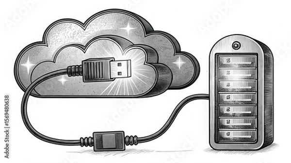 Fototapeta Cloud connect network cable memory concept with server and USB plug in vintage engraving style
