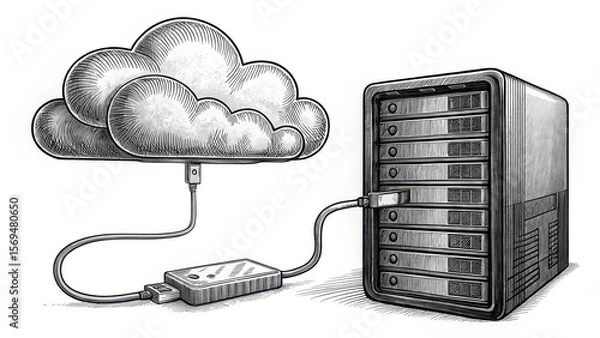 Fototapeta Cloud connect network cable and memory storage device linked digital data transfer concept with server and cloud illustration