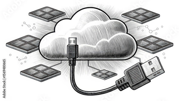 Fototapeta Cloud connect network cable concept with memory chips symbolizing data storage and transfer in digital technology