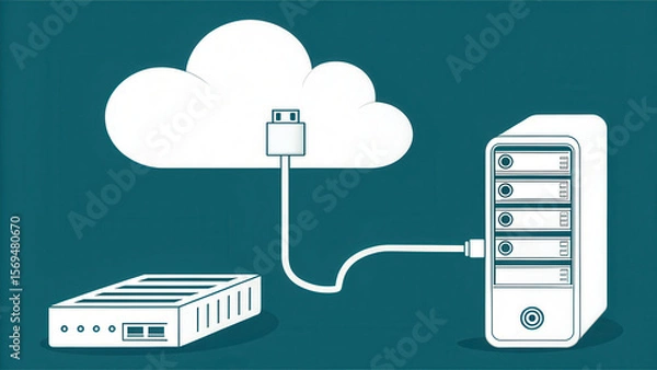 Fototapeta Cloud connect network cable memory concept with server and storage device illustration