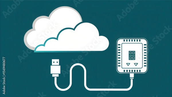 Fototapeta Cloud connect network cable memory concept with USB wire linking to digital device on blue background