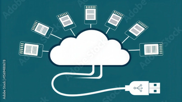 Fototapeta Cloud connect network cable memory concept with USB and memory card icons symbolizing data storage and transfer
