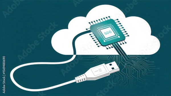 Fototapeta Cloud connect network cable and memory chip symbolize data transfer and digital connection in technology