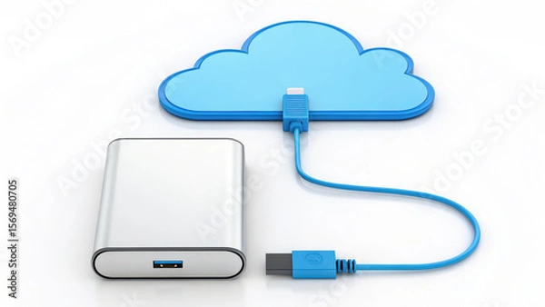 Fototapeta Cloud connect network cable memory concept with external hard drive and blue cloud shape connected by wire
