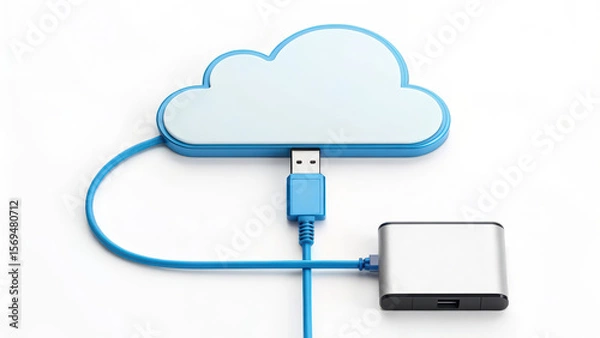 Fototapeta Cloud connect network cable and memory device symbolize digital data storage and transfer concept